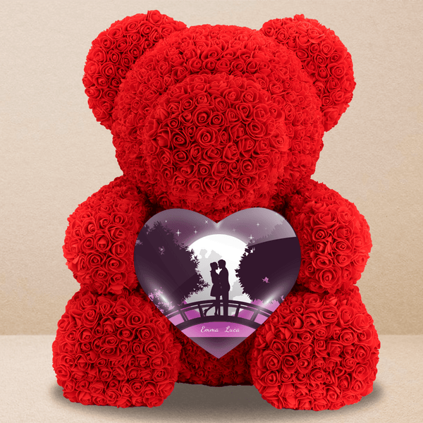 Ein Rosenbär mit Herz - Liebhaber in der Nacht - Rosenbären mit Aufdruck, personalisiertes Geschenk