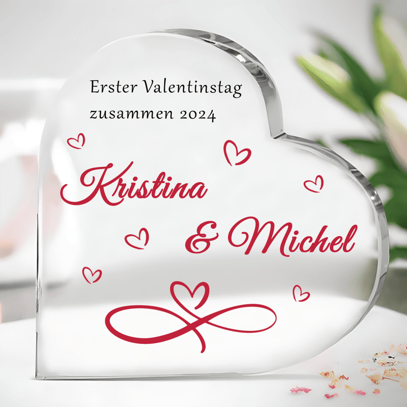 Erster zusammen Valentinstag - Herz aus Glas, personalisiertes Geschenk für Paar - Adamell.de