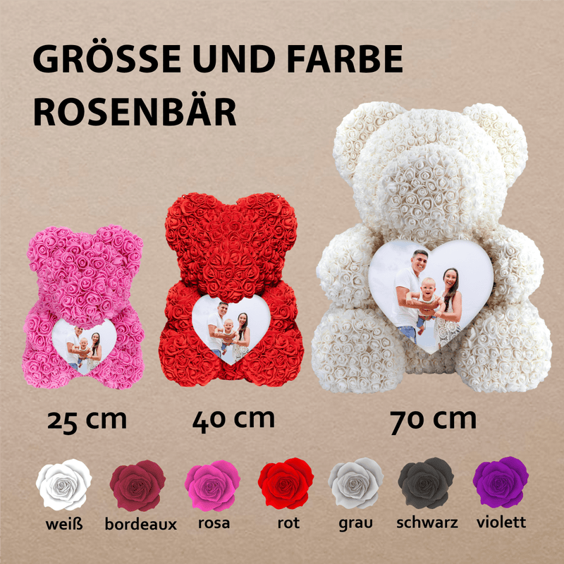 Familie - Teddybär mit Fotoherz, Rosenbären mit Aufdruck, personalisiertes Geschenk - Adamell.de