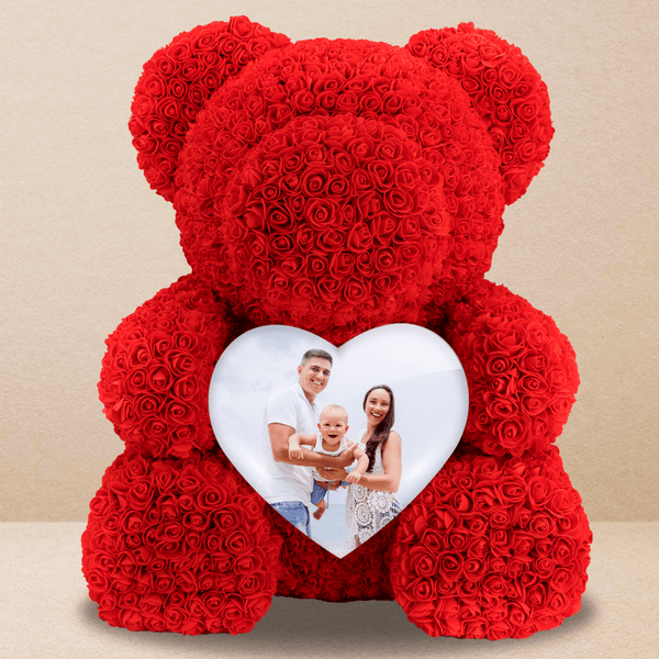 Familie - Teddybär mit Fotoherz, Rosenbären mit Aufdruck, personalisiertes Geschenk - Adamell.de
