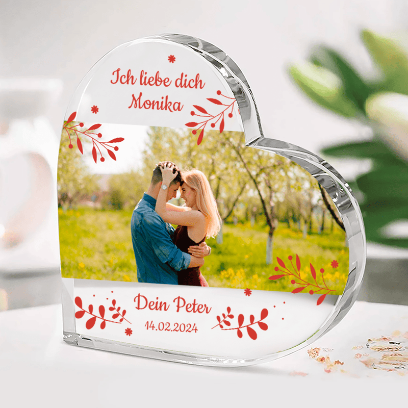 Foto der Liebenden + Text - Herz aus Glas, personalisiertes Geschenk für Frau - Adamell.de