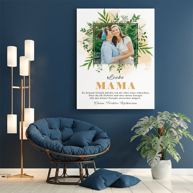 Foto im Pflanzenrahmen + Text - Druck auf Leinwand, personalisiertes Geschenk für Mama - Adamell.de