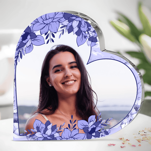 Foto in einem Blumenrahmen - Herz aus Glas, personalisiertes Geschenk für sie - Adamell.de