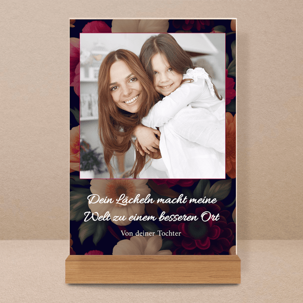 Foto mit Mutter + floralem Hintergrund - Druck auf Glas, personalisiertes Geschenk für Mama - Adamell.de