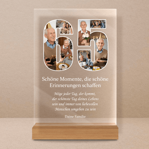 Fotocollage 65. Geburtstag - Druck auf Glas, personalisiertes Geschenk - Adamell.de