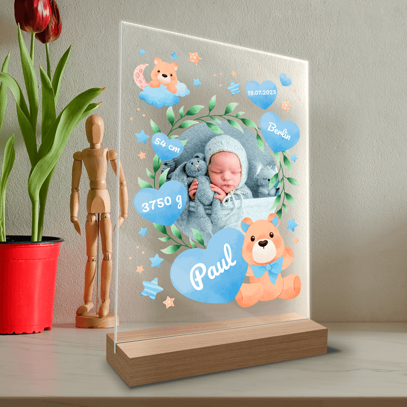 Geburtsurkunde eines Jungen - Druck auf Glas, personalisiertes Geschenk für Kind - Adamell.de