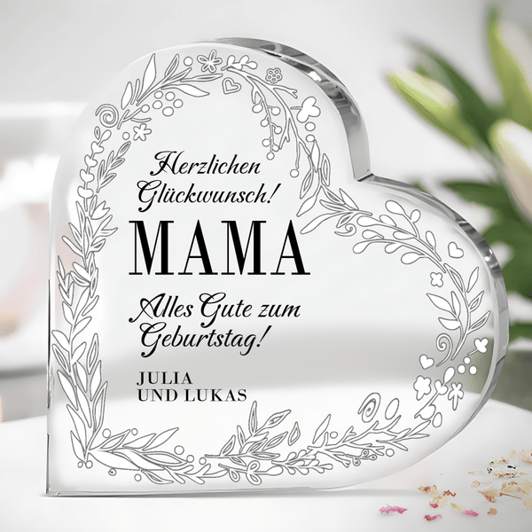 Glückwunsch mit Blumenmotiv - Herz aus Glas, personalisiertes Geschenk für Mama - Adamell.de