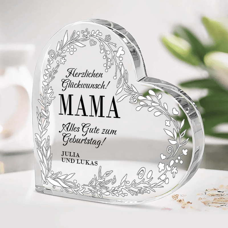 Glückwunsch mit Blumenmotiv - Herz aus Glas, personalisiertes Geschenk für Mama - Adamell.de