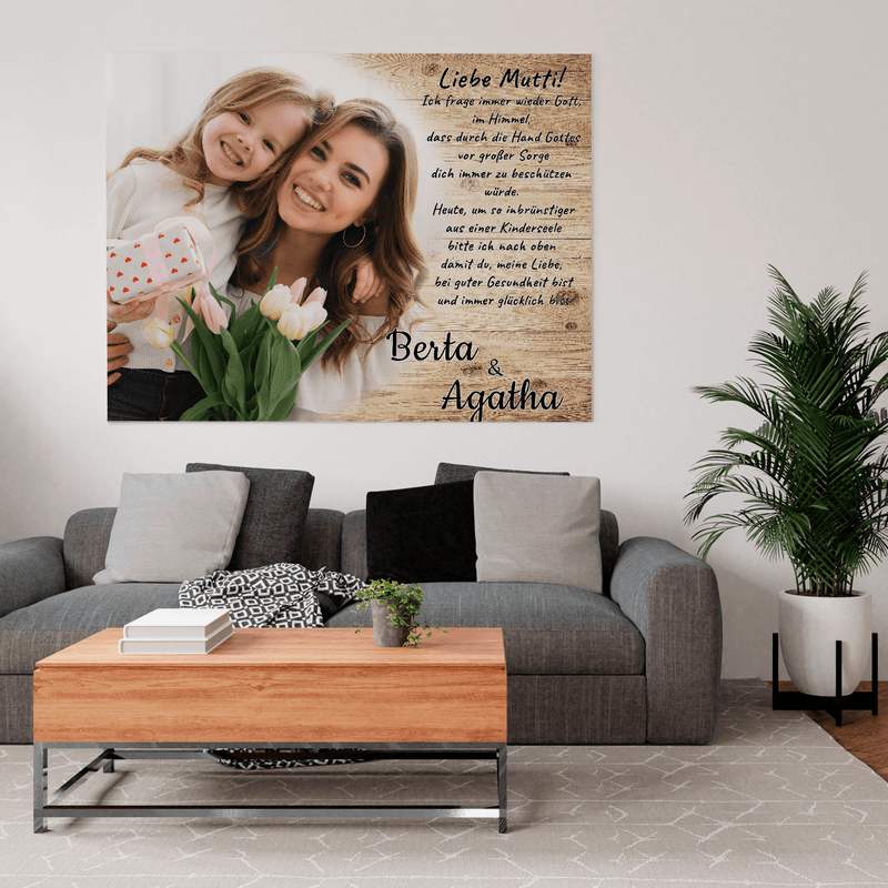 Hölzerner Hintergrund-Effekt - Druck auf Leinwand, personalisiertes Geschenk für Mama - Adamell.de