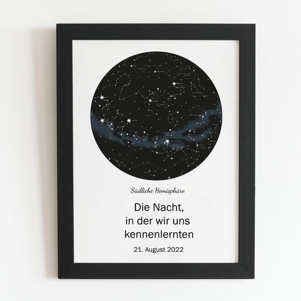Karte der Sterne im Rahmen - Druck auf Glas, personalisiertes Geschenk - Adamell.de
