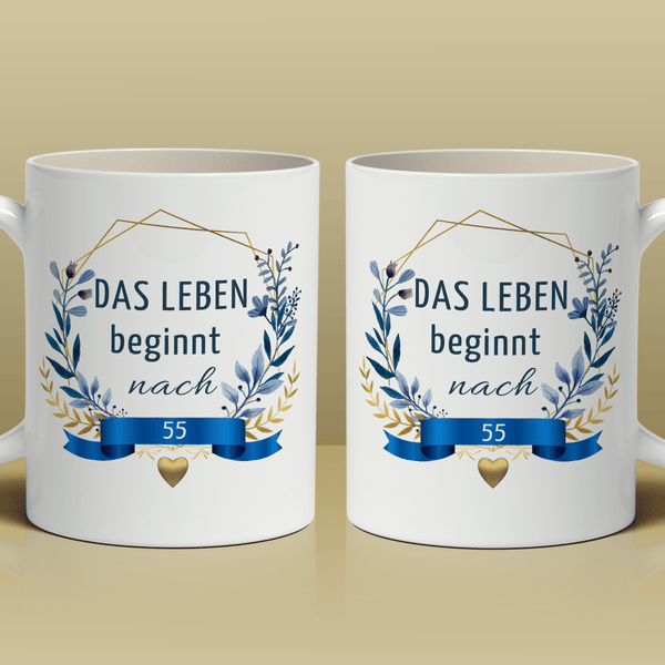 Leben beginnt nach 55 - 1x Bedruckte Tasse, personalisiertes Geschenk - Adamell.de