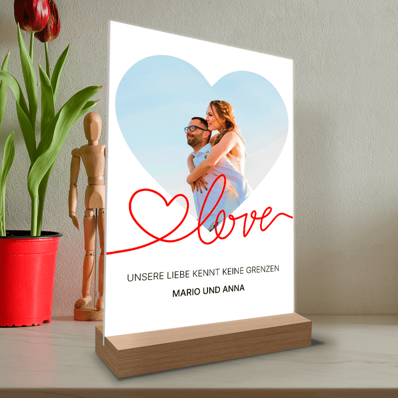 Liebe hat keine Grenzen Foto + Bildunterschrift - Druck auf Glas, personalisiertes Geschenk für Paar - Adamell.de