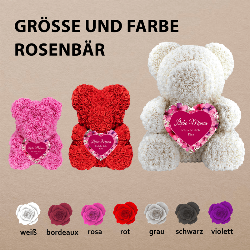 Lila Blumenherz - Rosenbären mit Aufdruck, personalisiertes Geschenk für Mama - Adamell.de