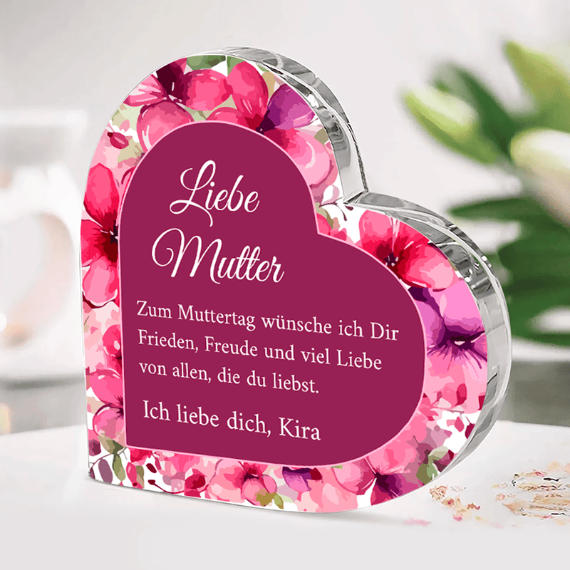 Lila Herz mit Blumen - Herz aus Glas, personalisiertes Geschenk für Mama - Adamell.de