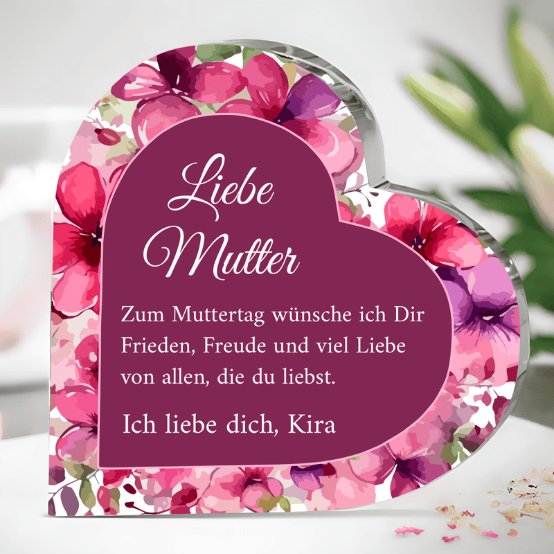 Lila Herz mit Blumen - Herz aus Glas, personalisiertes Geschenk für Mama - Adamell.de