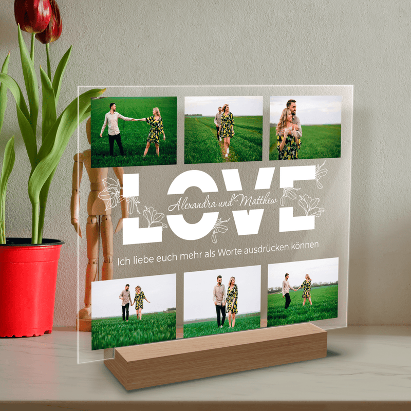 LOVE Collage mit Namen - Druck auf Glas, personalisiertes Geschenk für Mann - Adamell.de