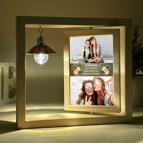 Meine Schwester 2 Fotos - Druck auf Glas in Holzrahmen + led, personalisiertes Geschenk für Schwester - Adamell.de