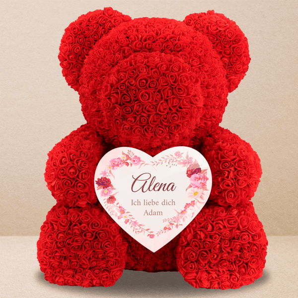 Name + Blumen im Herzen - Rosenbären mit Aufdruck, personalisiertes Geschenk für Frau - Adamell.de