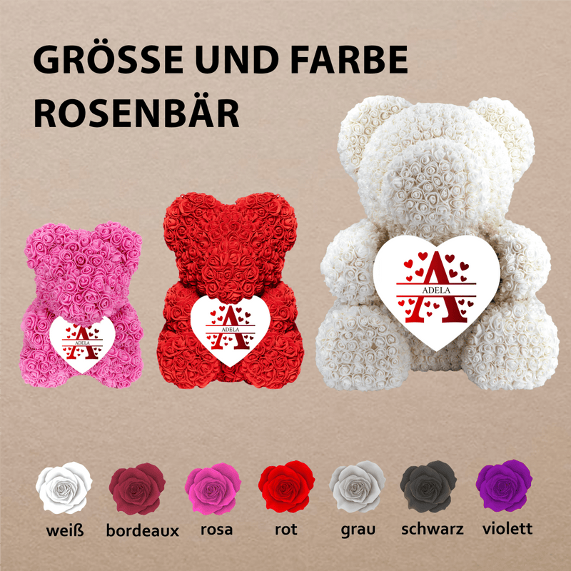 Name im Herzen - Rosenbären mit Aufdruck, personalisiertes Geschenk für Frau - Adamell.de