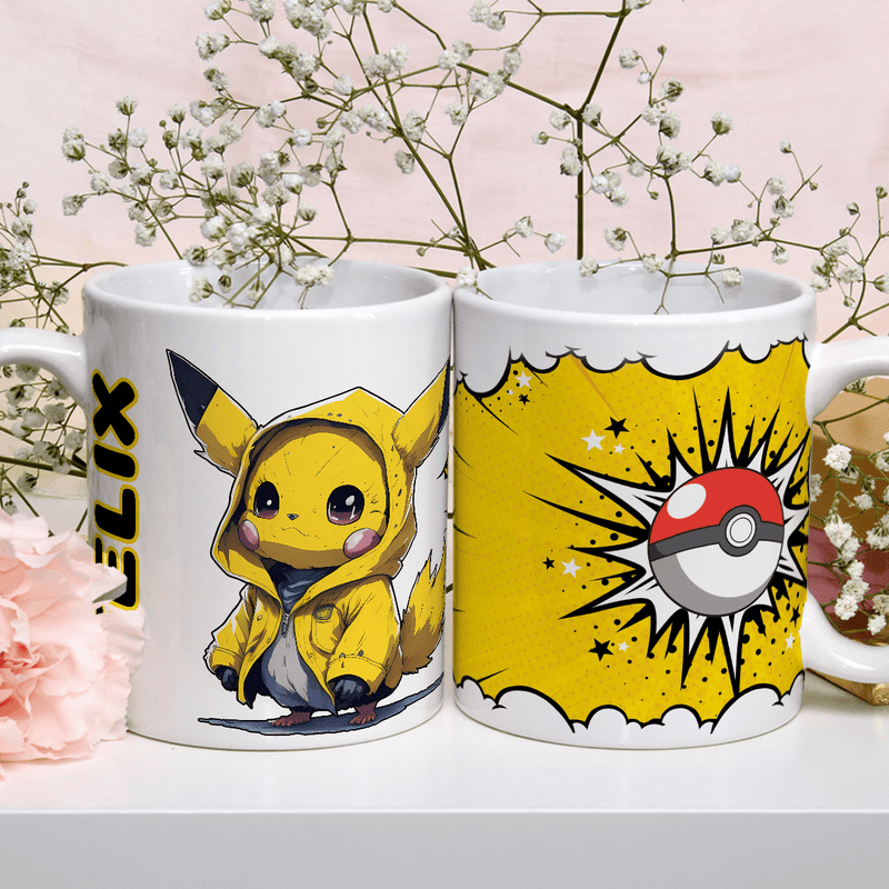 Pikachu-Grafiken + Name - 1x Bedruckte Tasse, personalisiertes Geschenk für Kind - Adamell.de