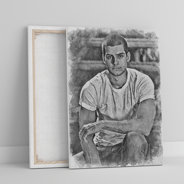 Portrait eines Mannes Bleistiftskizze - Druck auf Leinwand, personalisiertes Geschenk für Freund - Adamell.de