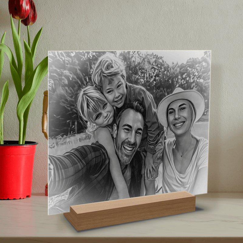 Portrait Skizze mehrere Personen Familie - Druck auf Glas, personalisiertes Geschenk - Adamell.de