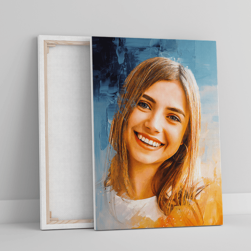 Porträt auf blauem Hintergrund - Druck auf Leinwand, personalisiertes Geschenk für Frau - Adamell.de