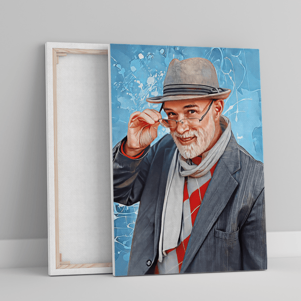Porträt eines Opa's mit farbigem Hintergrund - Druck auf Leinwand, personalisiertes Geschenk für Opa - Adamell.de