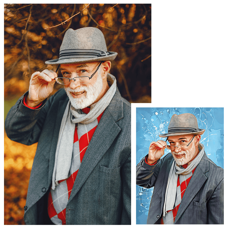 Porträt eines Opa's mit farbigem Hintergrund - Druck auf Leinwand, personalisiertes Geschenk für Opa - Adamell.de