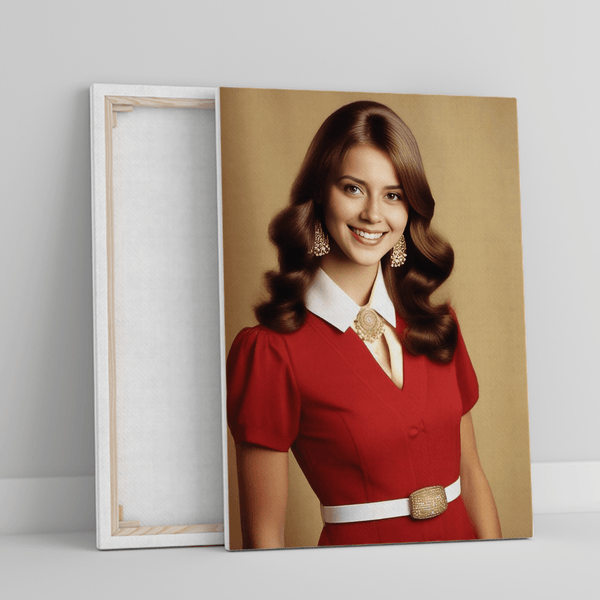 Porträt im Stil der 70er Jahre - Druck auf Leinwand, personalisiertes Geschenk für Frau - Adamell.de