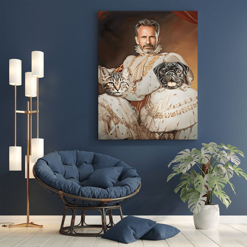 Porträt König mit Haustieren - Druck auf Leinwand, personalisiertes Geschenk für Mann - Adamell.de