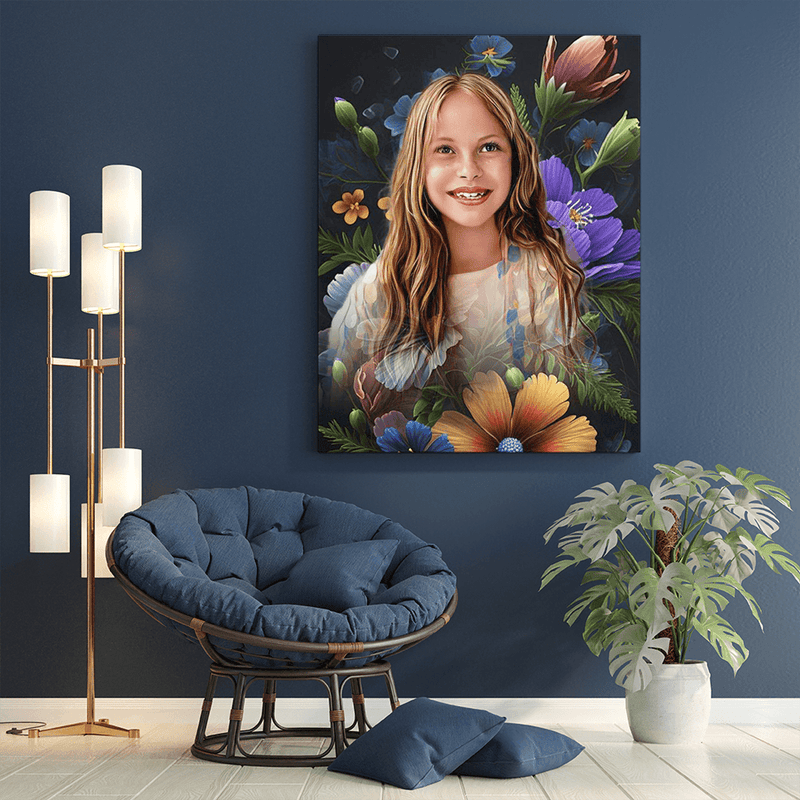 Porträt mit floralem Hintergrund - Druck auf Leinwand, personalisiertes Geschenk für Kind - Adamell.de