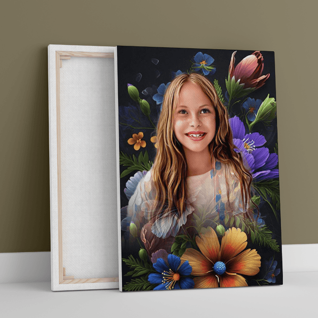 Porträt mit floralem Hintergrund - Druck auf Leinwand, personalisiertes Geschenk für Kind - Adamell.de