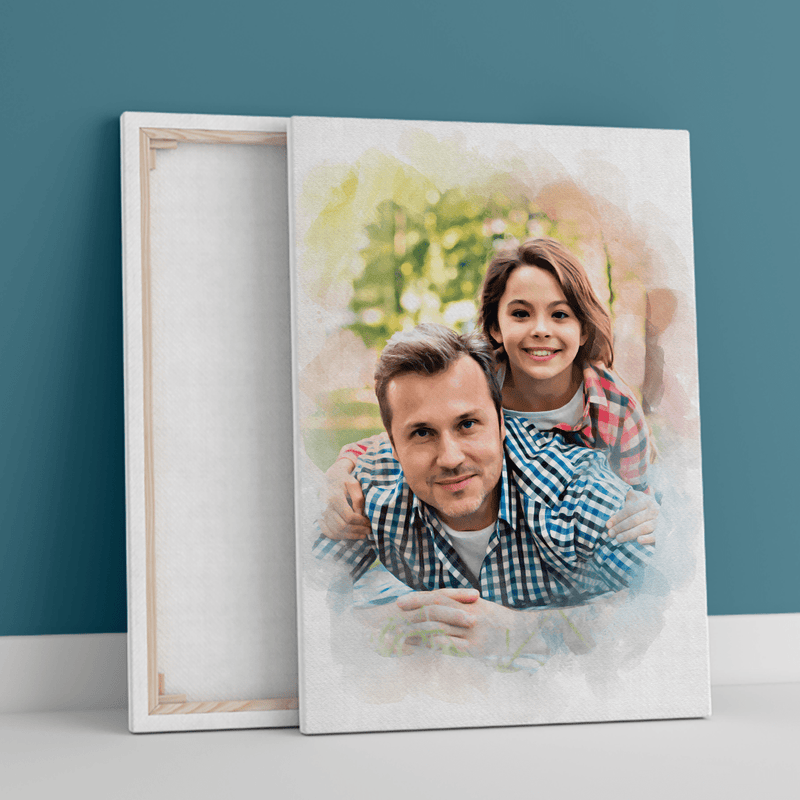 Porträt mit Papa im Aquarellstil - Druck auf Leinwand, personalisiertes Geschenk für Papa - Adamell.de