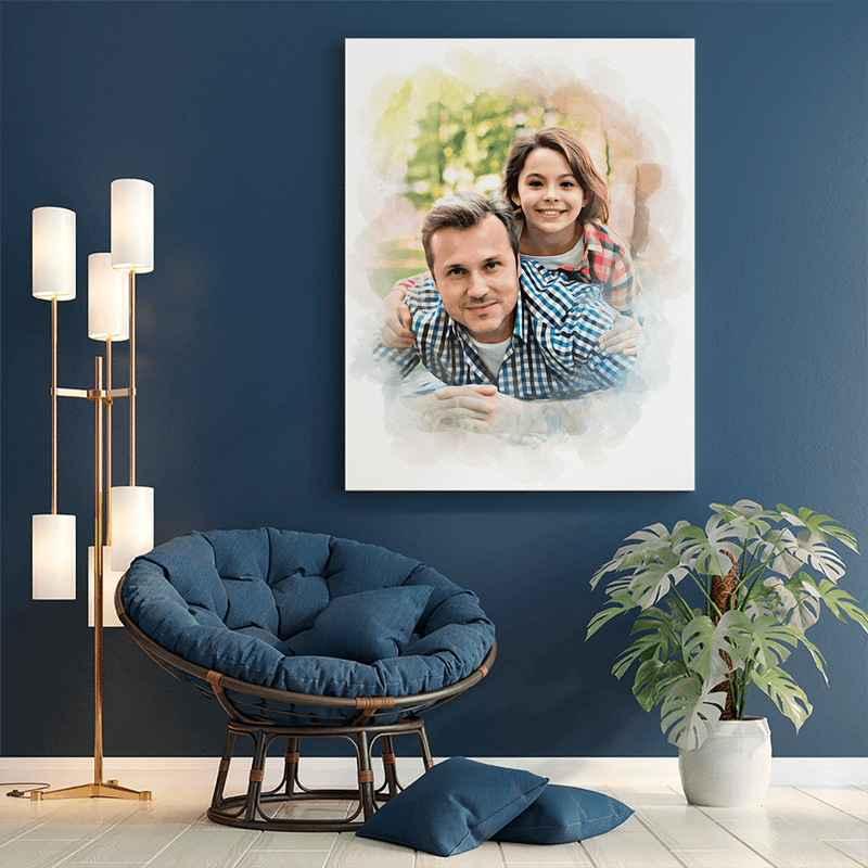 Porträt mit Papa im Aquarellstil - Druck auf Leinwand, personalisiertes Geschenk für Papa - Adamell.de