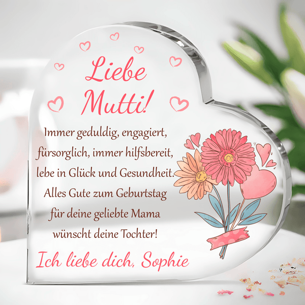 Rosa Blumen und Herzen - Herz aus Glas, personalisiertes Geschenk für Mama - Adamell.de