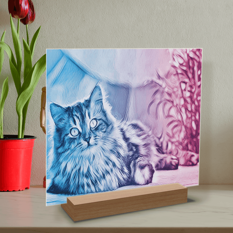 Rosa und blaues Katzenporträt - Druck auf Glas, personalisiertes Geschenk - Adamell.de