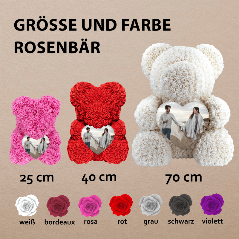 Rosen - Teddybär mit Fotoherz, Rosenbären mit Aufdruck, personalisiertes Geschenk - Adamell.de