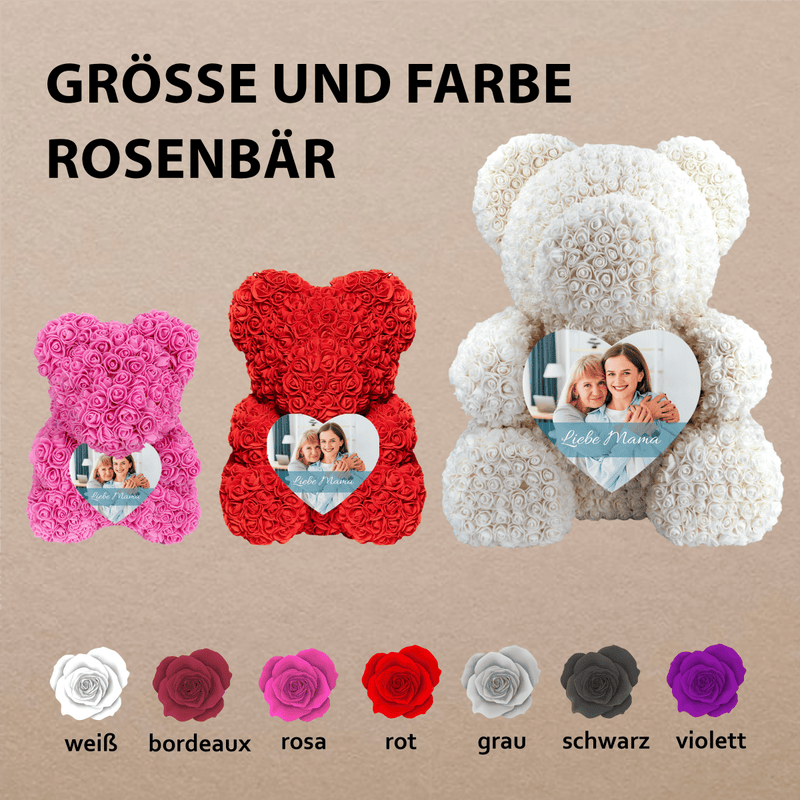 Rosen-Teddybär mit Herz und Aufschrift - Rosenbären mit Aufdruck, personalisiertes Geschenk für Mama - Adamell.de