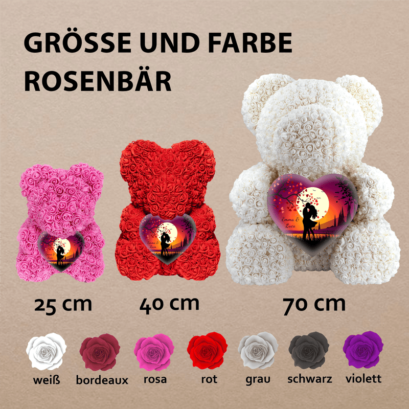 Rosenbär mit Herz - Paar bei Sonnenuntergang, Rosenbären mit Aufdruck, personalisiertes Geschenk - Adamell.de