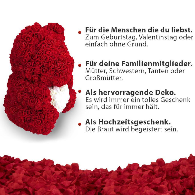 Rosenbär Roter mit Herz 40cm + LED, Geschenk für frauen, freundin, mama, valentinstag, geburstag, weihnachtsgeschenke, muttertagsgeschen - Adamell.de
