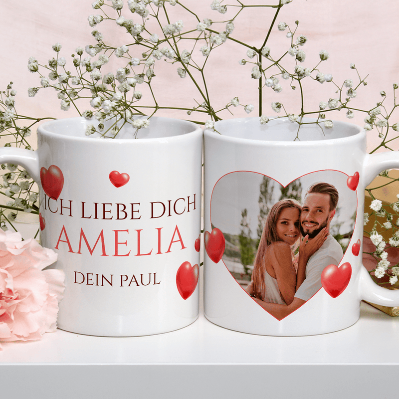 Rote Herzen und Foto - 1x bedruckte Tasse, personalisiertes Geschenk für sie - Adamell.de