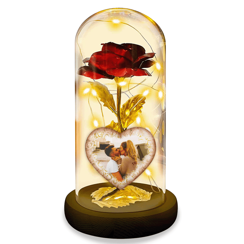 Rote immerwährende Rose in LED-Glas mit persönlichem Aufdruck + Kostenlose Geschenke - Adamell.de