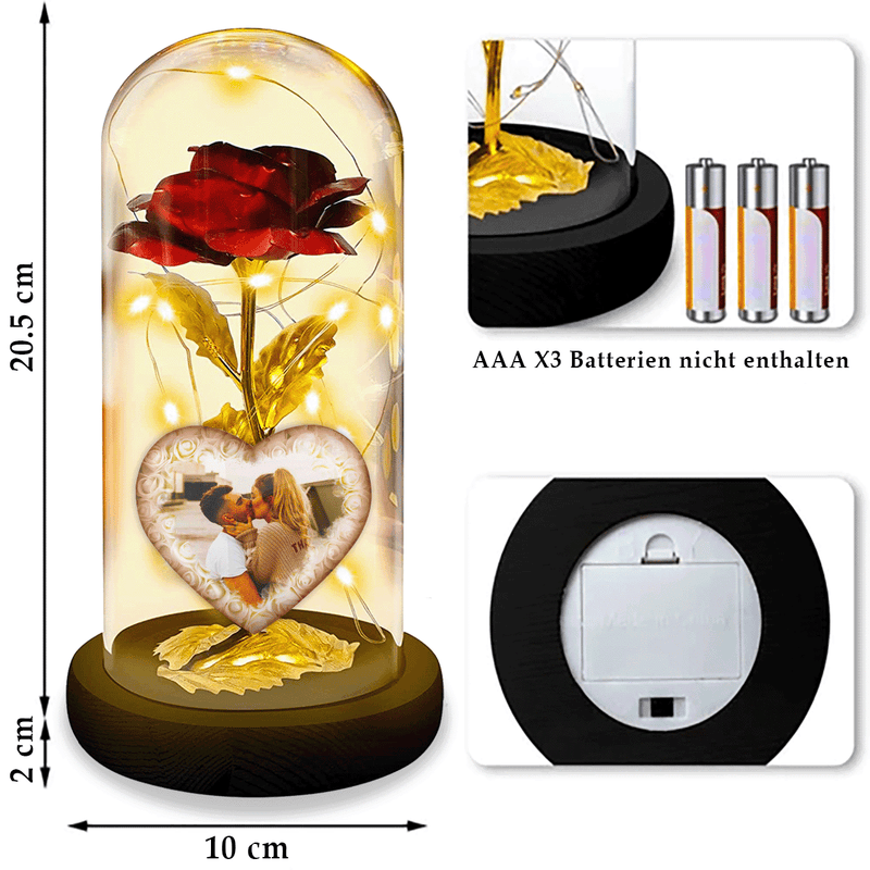 Rote immerwährende Rose in LED-Glas mit persönlichem Aufdruck + Kostenlose Geschenke - Adamell.de