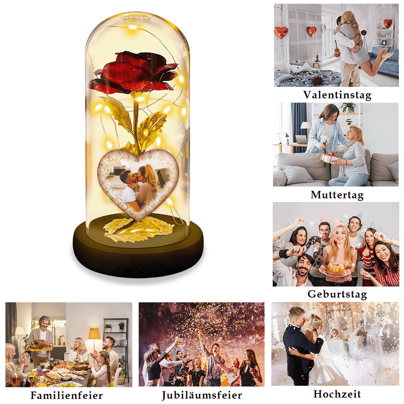 Rote immerwährende Rose in LED-Glas mit persönlichem Aufdruck + Kostenlose Geschenke - Adamell.de