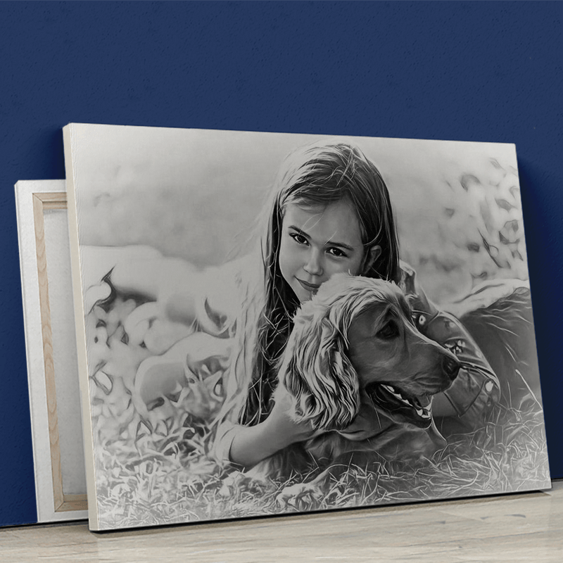 Schwarz-Weiß-Skizze Porträt mit Haustier - Bild auf Leinwand, personalisiertes Geschenk - Adamell.de