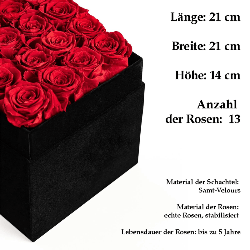 Schwarze quadratische Veloursschachtel mit roten stabilisierten Rosen - ewige Rose - Adamell.de