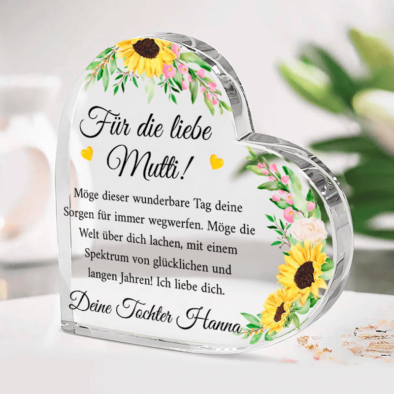 Sonnenblumenmotiv + Grüße - Herz aus Glas, personalisiertes Geschenk für Mama - Adamell.de