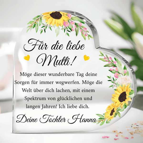 Sonnenblumenmotiv + Grüße - Herz aus Glas, personalisiertes Geschenk für Mama - Adamell.de