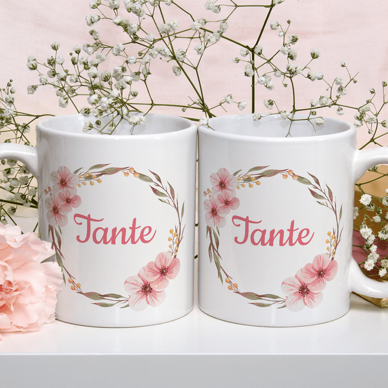Tante Inschrift mit Blumenmotiv - 1x bedruckte Tasse, Geschenk für Tante - Adamell.de